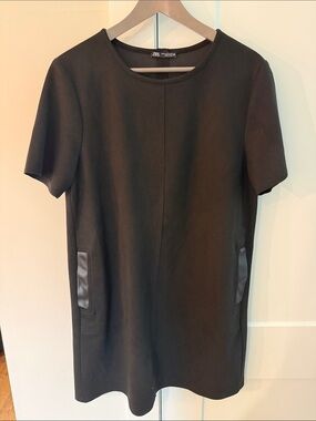 Zara Black Short-Sleeve Faux-Leather Pocket Dress